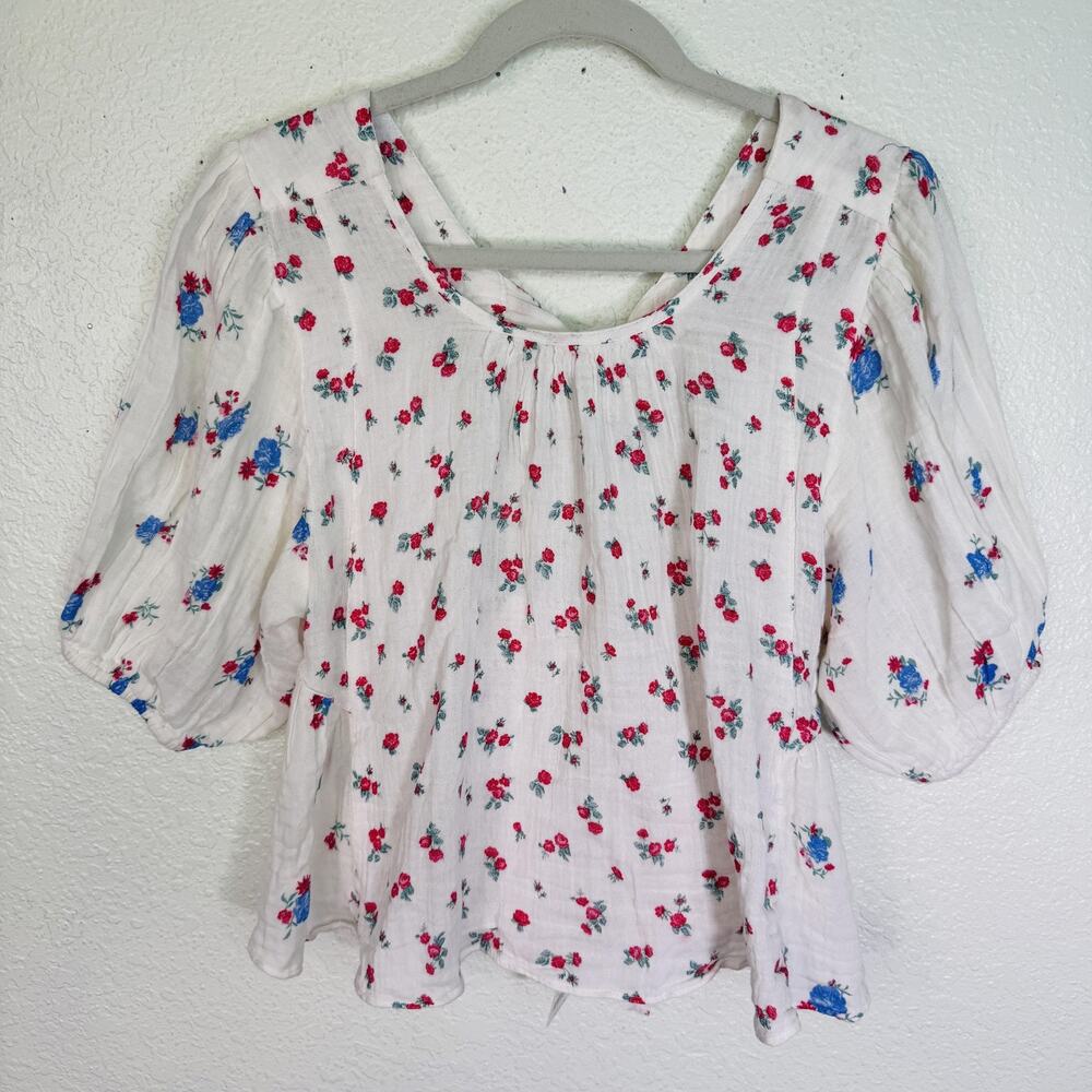 Free People Top Womens Small Floral Peplum Puff Sleeve Gauze Boho Cottage Flowy